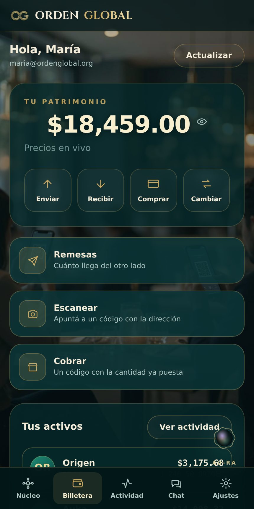 La billetera Veta Wallet en un teléfono: saldo, enviar, recibir, cobrar y remesas